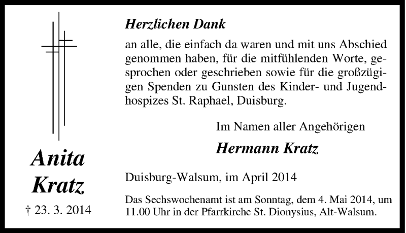  Traueranzeige für Anita Kratz vom 26.04.2014 aus Tageszeitung