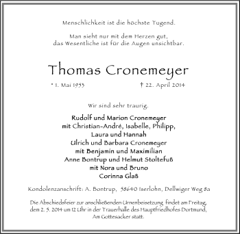 Traueranzeige von Thoma Cronemeer von Tageszeitung