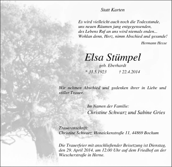 Traueranzeige von Elsa Stümpel von Tageszeitung
