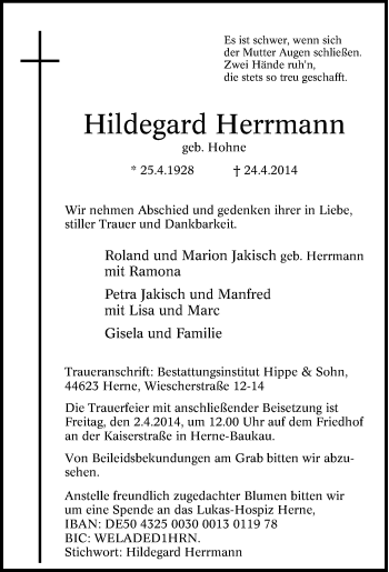 Traueranzeige von Hildegard Herrmann von Tageszeitung