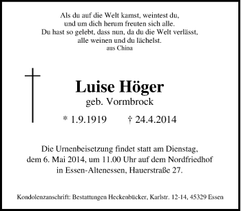 Traueranzeige von Luise Höger von Tageszeitung