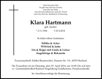 Traueranzeige von Klara Hartmann von Tageszeitung
