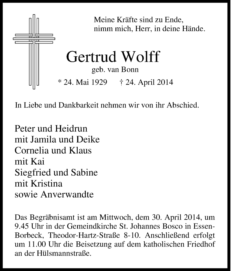  Traueranzeige für Gertrud Wolff vom 26.04.2014 aus Tageszeitung