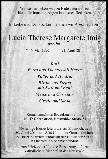 Traueranzeige von Lucia Therese Margarete Imig von Tageszeitung