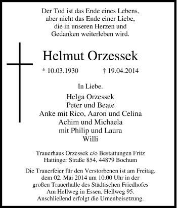Traueranzeige von Helmut  Orzessek von Tageszeitung