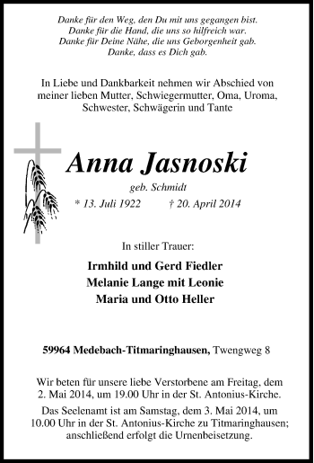 Traueranzeige von Anna Jasnoski von Tageszeitung