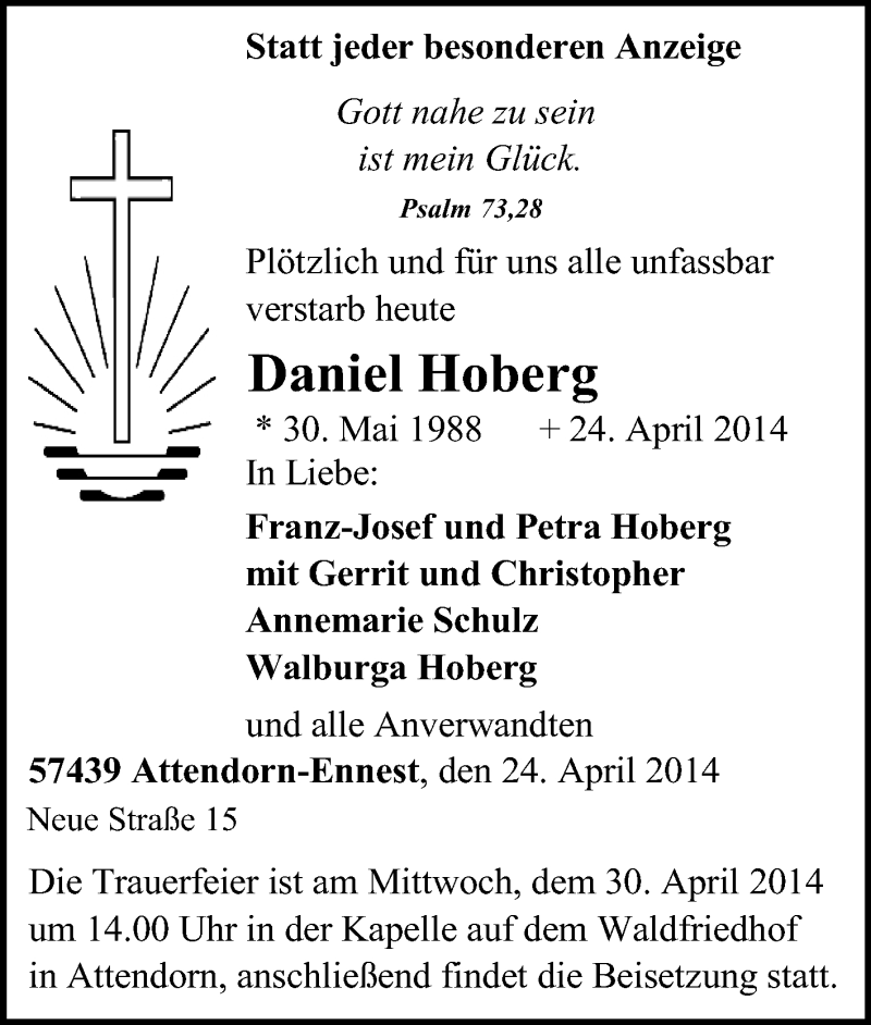  Traueranzeige für Daniel Hoberg vom 28.04.2014 aus Tageszeitung