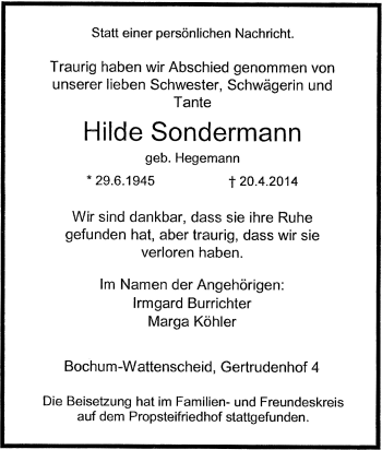 Traueranzeige von Hilde Sondermann von Tageszeitung