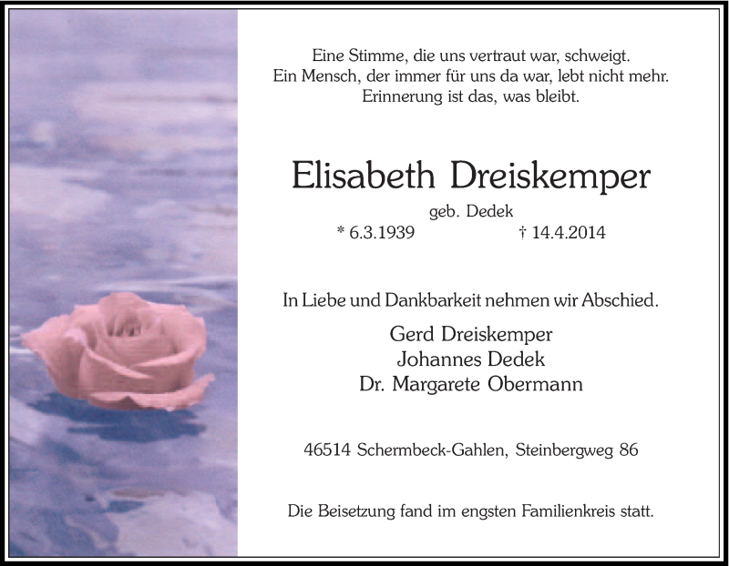 Traueranzeige für Elisabeth Dreiskemper vom 29.04.2014 aus Tageszeitung