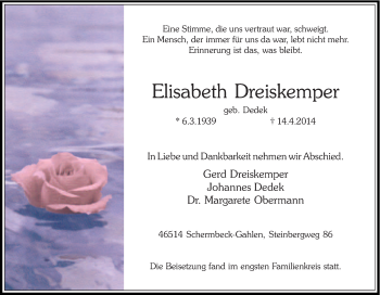 Traueranzeige von Elisabeth Dreiskemper von Tageszeitung