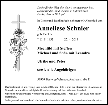 Traueranzeige von Anneliese Schnier von Tageszeitung
