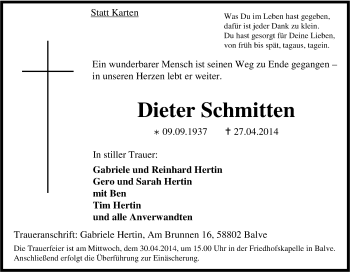 Traueranzeige von Dieter Schmitten von Tageszeitung