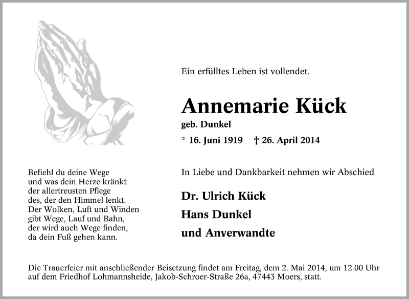  Traueranzeige für Annemarie Kück vom 29.04.2014 aus Tageszeitung