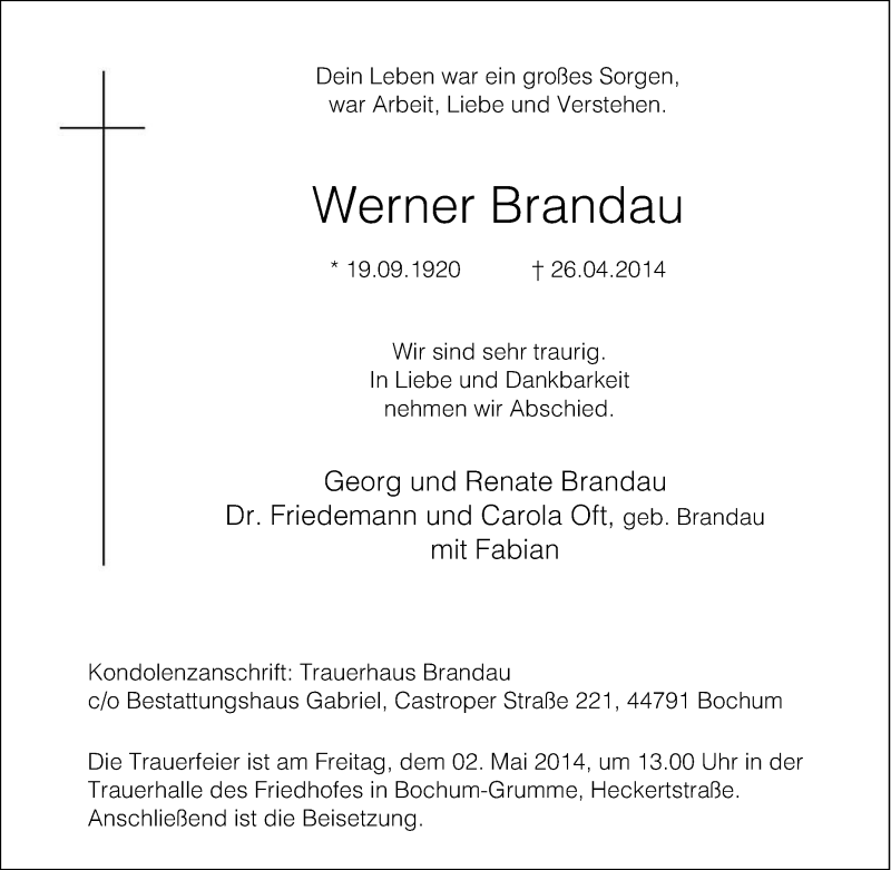  Traueranzeige für Werner Brandau vom 30.04.2014 aus Tageszeitung