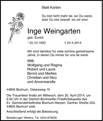 Traueranzeige von Inge Weingarten von Tageszeitung