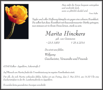 Traueranzeige von Marita Hinckers von Tageszeitung