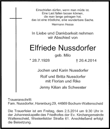 Traueranzeige von Elfriede Nussdorfer von Tageszeitung