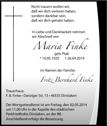 Traueranzeige von Maria Finke von Tageszeitung