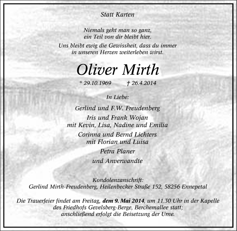  Traueranzeige für Oliver Mirth vom 30.04.2014 aus Tageszeitung