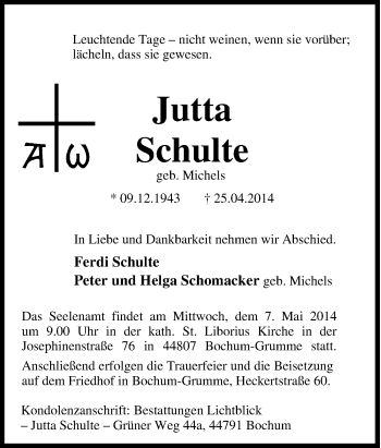 Traueranzeige von Jutta  Schulte von Tageszeitung