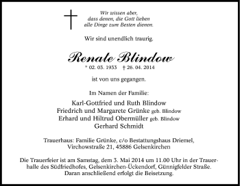 Traueranzeige von Renate Blindow von Tageszeitung