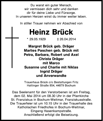 Traueranzeige von Heinz Brück von Tageszeitung