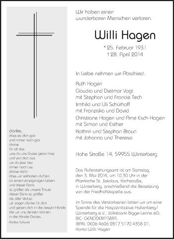 Traueranzeige von Willi Hagen von Tageszeitung