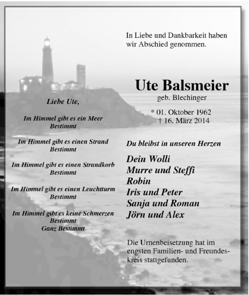  Traueranzeige für Ute Balsmeier vom 05.04.2014 aus Tageszeitung