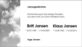 Traueranzeige von Britt und Klaus Jansen von Tageszeitung