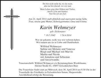 Traueranzeige von Karin Wehmeyer von Tageszeitung