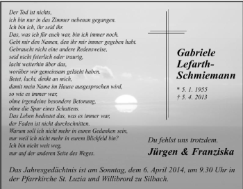 Traueranzeige von Gabriele Lefrath-Schiemann von Tageszeitung