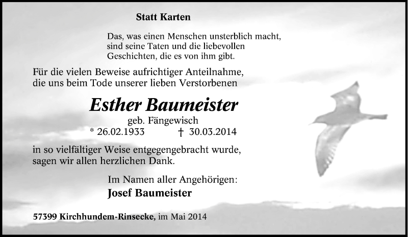  Traueranzeige für Esther Baumeister vom 10.05.2014 aus Tageszeitung