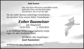 Traueranzeige von Esther Baumeister von Tageszeitung
