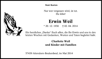 Traueranzeige von Erwin Weil von Tageszeitung