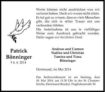 Traueranzeige von Patrick Bönninger von Tageszeitung