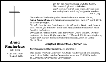 Traueranzeige von Anna Rauterkus von Tageszeitung