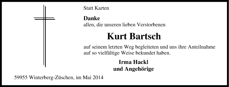  Traueranzeige für Kurt Bartsch vom 31.05.2014 aus Tageszeitung