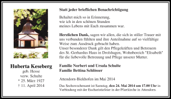 Traueranzeige von Huberta Keseberg von Tageszeitung