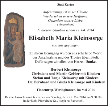 Traueranzeige von Elisabeth Maria Kleinsorge von Tageszeitung