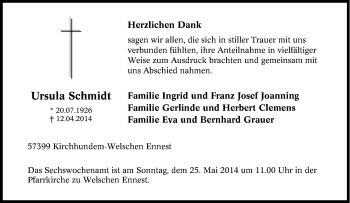 Traueranzeige von Ursula Schmidt von Tageszeitung