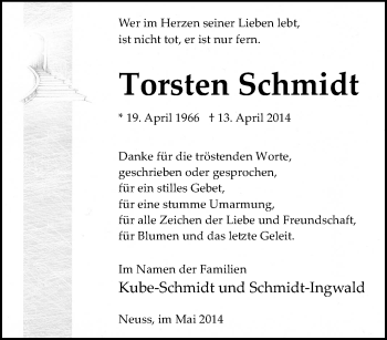 Traueranzeige von Torsten Schmidt von Tageszeitung