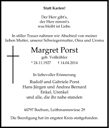 Traueranzeige von Margret Porst von Tageszeitung