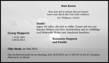 Traueranzeige von Georg Huppertz von Tageszeitung
