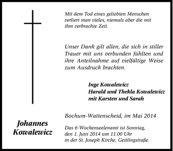 Traueranzeige von Johannes Kowalewicz von Tageszeitung