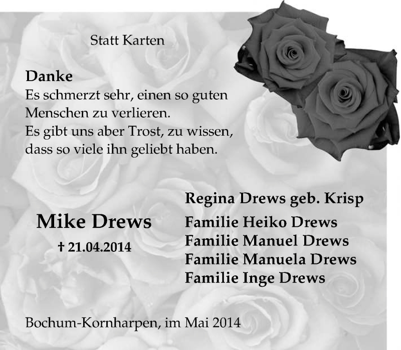  Traueranzeige für Mike Drews vom 17.05.2014 aus Tageszeitung