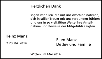 Traueranzeige von Heinz Manz von Tageszeitung