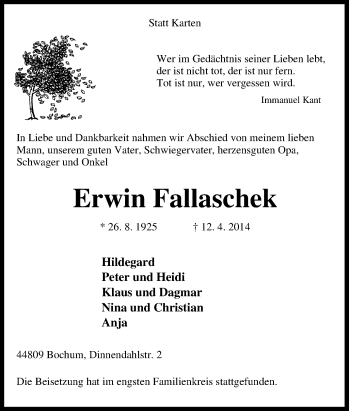 Traueranzeige von Erwin Fallaschek von Tageszeitung