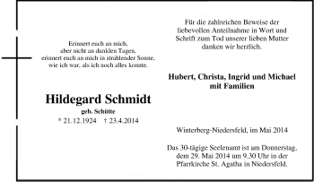 Traueranzeige von Hildegard Schmidt von Tageszeitung