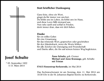 Traueranzeige von Josef Schulte von Tageszeitung