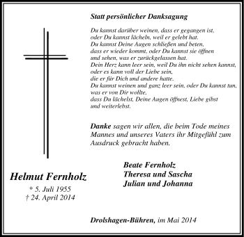 Traueranzeige von Helmut Fernholz von Tageszeitung